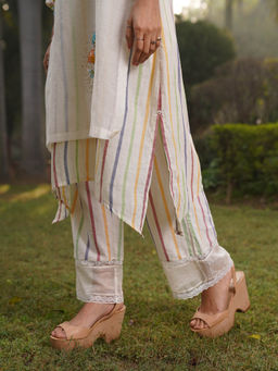 Dhaari by Deepika - Handwoven Striped Cotton Silk Pants with Kantha Embroidery