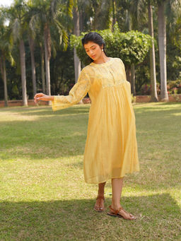 Dhaari by Deepika - Handwoven Dress with Hand Paint & Kantha Embroidery & Pearls Neckline