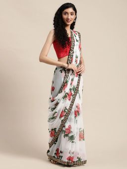 Vastranand - White & Red Floral Print Sequinned Detail Saree with Unstitched Blouse