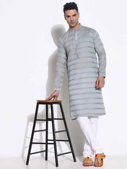 SHOWOFFFF - Men Grey Striped Kurta with Trouser (Set of 2)