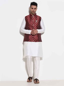 SHOWOFFFF - Men Red Textured Kurta with Trouser and Nehru Jacket (Set of 3)