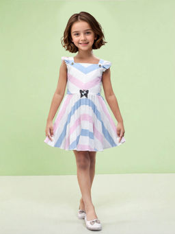 Toonyport - Pink and Blue Girls Cotton Printed Fit & Flare Dress