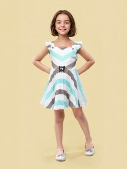 Toonyport - Turquoise and Grey Girls Cotton Printed Fit & Flare Dress