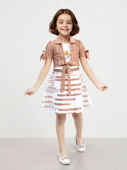 Toonyport - Brown Girls Cotton Printed Fit & Flare Dress with Jacket (Set of 2)