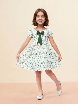Toonyport - Green Girls Cotton Floral Printed Fit & Flare Dress