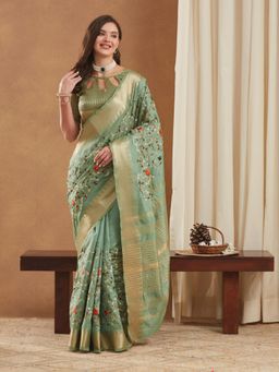 Gahan - Womens Assam Cotton Silk Embroidered Zari Temple Border saree with Unstitched Blouse.