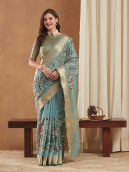 Gahan - Womens Assam Cotton Silk Embroidered Zari Temple Border saree with Unstitched Blouse.