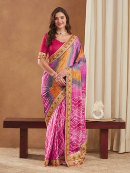 Gahan - Womens Bright Mose Chiffon Half & Half Bandhej Saree with Unstitched Blouse