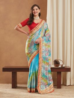 Gahan - Womens Bright Mose Chiffon Half & Half Bandhej Saree with Unstitched Blouse