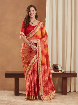 Gahan - Womens Bright Mose Chiffon Half & Half Bandhej Saree with Unstitched Blouse
