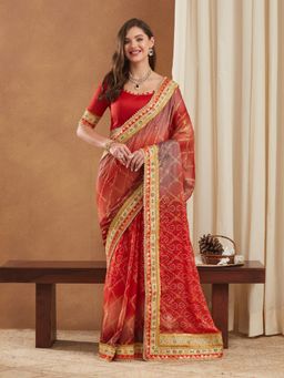 Gahan - Womens Bandhej Mose Chiffon Saree with Unstitched Blouse