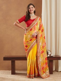 Gahan - Womens Bright Mose Chiffon Half & Half Bandhej Saree with Unstitched Blouse