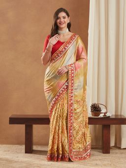 Gahan - Womens Bright Mose Chiffon Half & Half Bandhej Saree with Unstitched Blouse