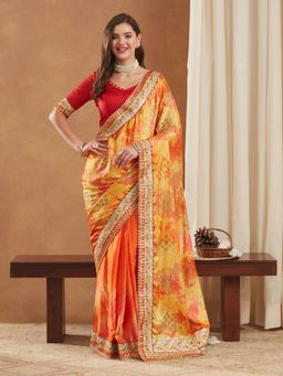 Gahan - Womens Bright Mose Chiffon Half & Half Bandhej Saree with Unstitched Blouse
