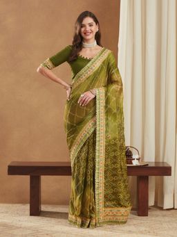 Gahan - Womens Bandhej Mose Chiffon Saree with Unstitched Blouse