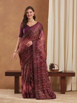 Gahan - Womens Bandhej Mose Chiffon Saree with Swarovski Border and Unstitched Blouse