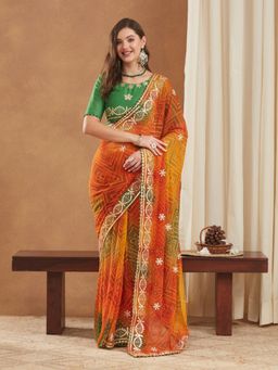 Gahan - Womens Exclusive Bandhej Georgette Saree with Sequins & Gotapati Work Unstitched Blouse