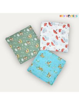 NEW COMERS - Cotton Muslin Multi-Color Printed Baby Swaddle Set for New Born (Pack Of 3)