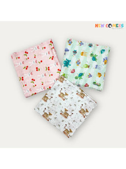 NEW COMERS - Cotton Muslin Multi-Color Printed Baby Swaddle Set for New Born (Pack Of 3)