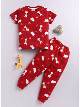BLUSHES - Cotton Knit Red Animal Printed T-shirt & Pyjama