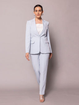 Powersutra - Women Blue Solid Blazer with Trouser (Set of 2)