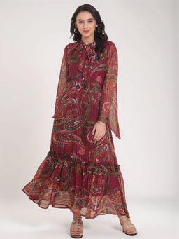 Twenty Dresses by Nykaa Fashion - Womens Maroon Paisley Printed Lurex Chiffon Maxi Tiered Dress