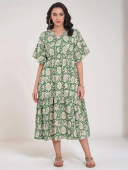 Twenty Dresses by Nykaa Fashion - Womens Green Floral Printed Midi Tiered Dress