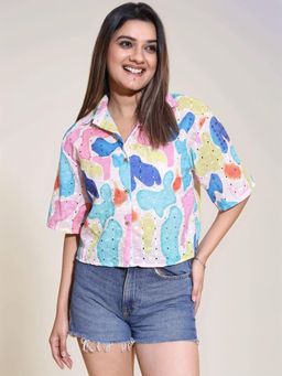 Twenty Dresses by Nykaa Fashion - Womens Abstract Printed Schiffli Embroidered Crop Shirt