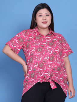 theRebelinme - Plus Size Women Pink Floral Printed Cotton Shirt