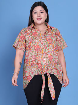 theRebelinme - Plus Size Women Cream Floral Printed Cotton Shirt