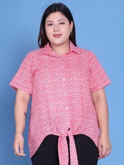 theRebelinme - Plus Size Women Pink Floral Printed Cotton Shirt