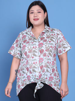 theRebelinme - Plus Size Women Blue Floral Printed Cotton Shirt