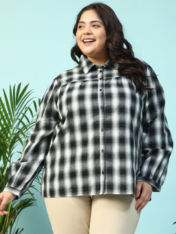 Oxolloxo - Women Plus Size Black Yarn Dyed Check Collared Long Sleeve Dobby Meld Cotton Shirt