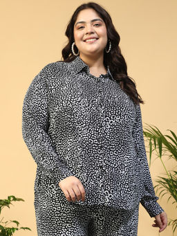 Oxolloxo - Women Plus Size Black Animal Print Collared Long Sleeve Button Down Shirt