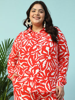 Oxolloxo - Women Plus Size Red Floral Print Collared Long Sleeve Button Down Plus Size Shirt