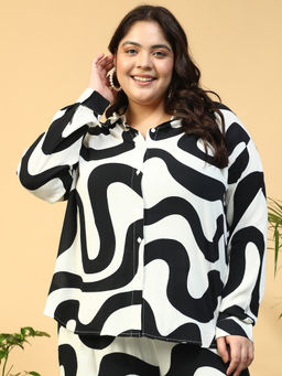 Oxolloxo - Women Plus Size Off White Printed Collared Long Sleeve Button Down Plus Size Shirt