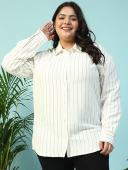 Oxolloxo - Women Plus Size White Collared Stripe Long Sleeve Button Down Linen Cotton Shirt