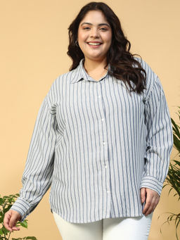 Oxolloxo - Women Plus Size Blue Stripe Print Collared Long Sleeve Button Down Cotton Shirt