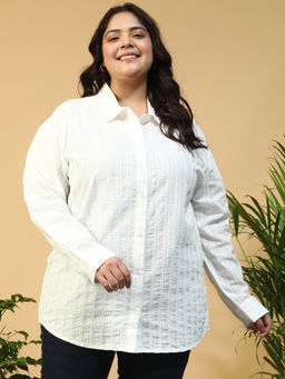 Oxolloxo - Women Plus Size White Collared Long Sleeve Button Down Dobby Meld Cotton Shirt
