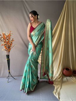 EXCLUSIVA - Green Woven Cotton Saree with Unstitched Blouse