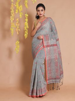 CHARUKRITI - Grey Cotton Woven Jamdani Designs Saree with Unstitched Blouse