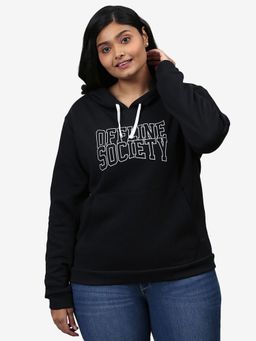 Instafab Plus - Size Women Printed Casual Hooded Sweatshirt Black