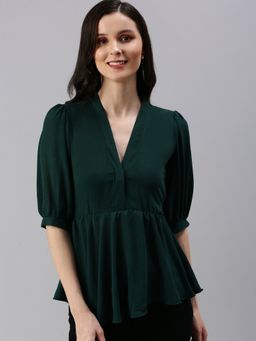 SHOWOFFFF - Women's Solid Peplum Green V-neck Top