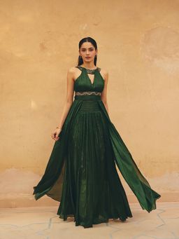 Maenaam - Womens Crepe Sequined Green Gown