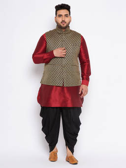 Vastramay - Men's Maroon Silk Blend Jacket Kurta Dhoti (Set of 3)