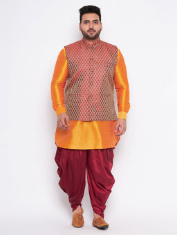 Vastramay - Men's Orange Silk Blend Jacket Kurta Dhoti