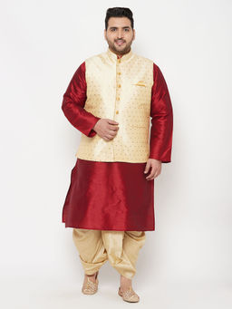 Vastramay - Men's Maroon And Gold Silk Blend Jacket Kurta Dhoti