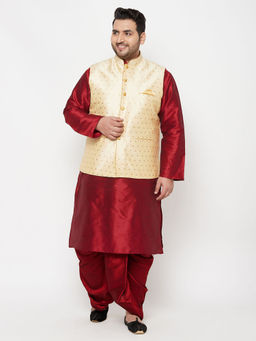 Vastramay - Men's Maroon And Gold Silk Blend Jacket Kurta Dhoti