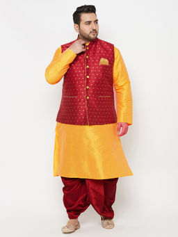 Vastramay - Men's Yellow and Maroon Silk Blend Jacket Kurta Dhoti
