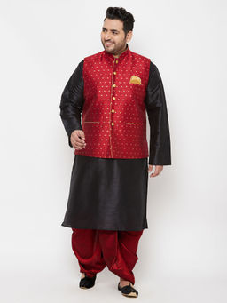 Vastramay - Men's Black and Maroon Silk Blend Jacket Kurta Dhoti